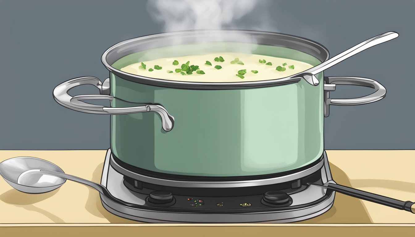 A pot of vichyssoise simmering on a stovetop, steam rising, with a ladle resting on the edge