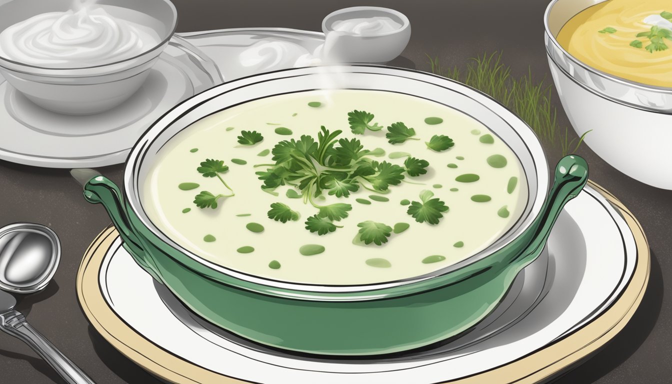 A steaming bowl of vichyssoise being garnished with a dollop of sour cream and chives before being placed on a decorative serving tray