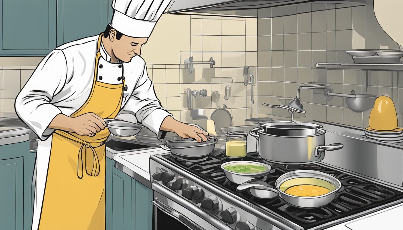 A chef placing a pot of vichyssoise on a stovetop, stirring and checking the temperature with a thermometer