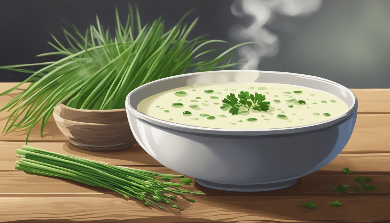 A steaming bowl of vichyssoise sits on a rustic wooden table, surrounded by a scattering of fresh chives and a drizzle of cream