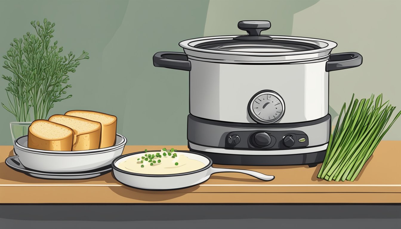 A pot of vichyssoise being gently reheated on a stovetop, accompanied by a serving of crusty bread and a garnish of fresh chives