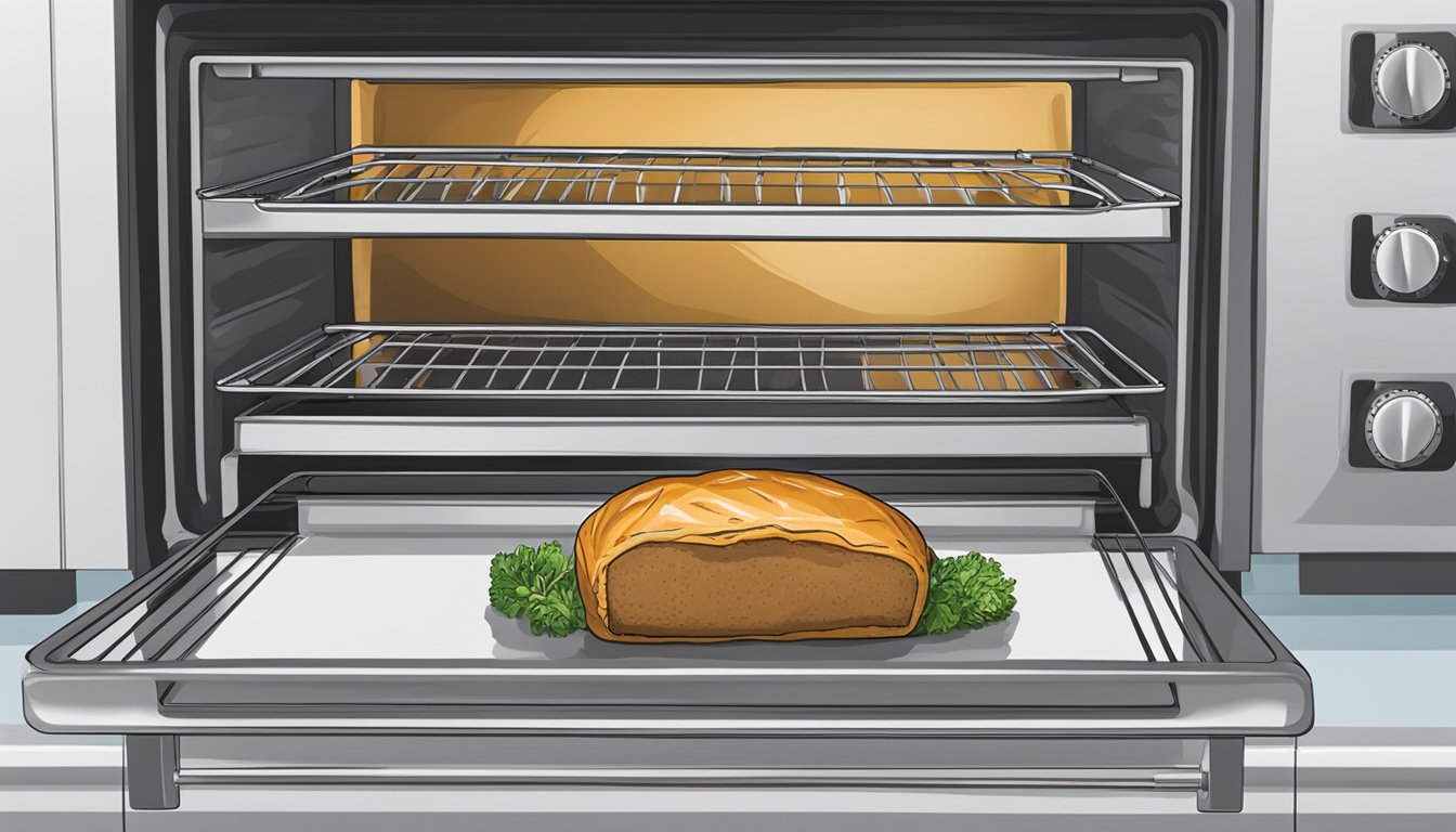 A beef wellington sits on a baking sheet next to an oven, with a timer set and a pair of oven mitts nearby