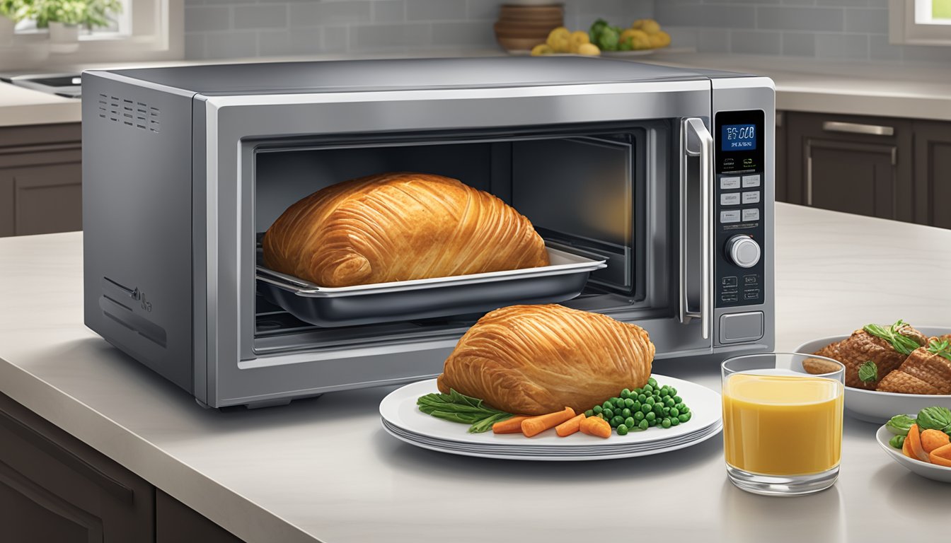 A microwave and oven next to each other, with a plate of Aldi's specially selected beef Wellington on the counter