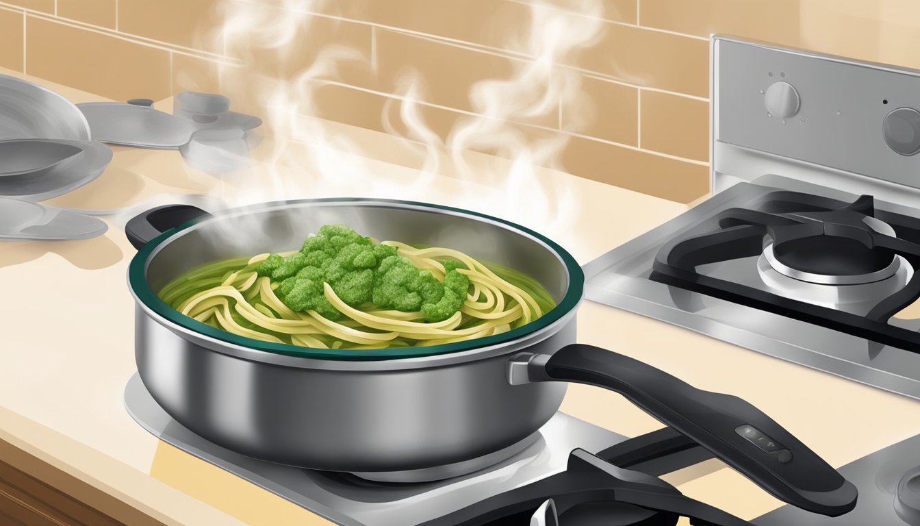 A steaming bowl of walnut pesto pasta being gently heated in a saucepan on a stovetop