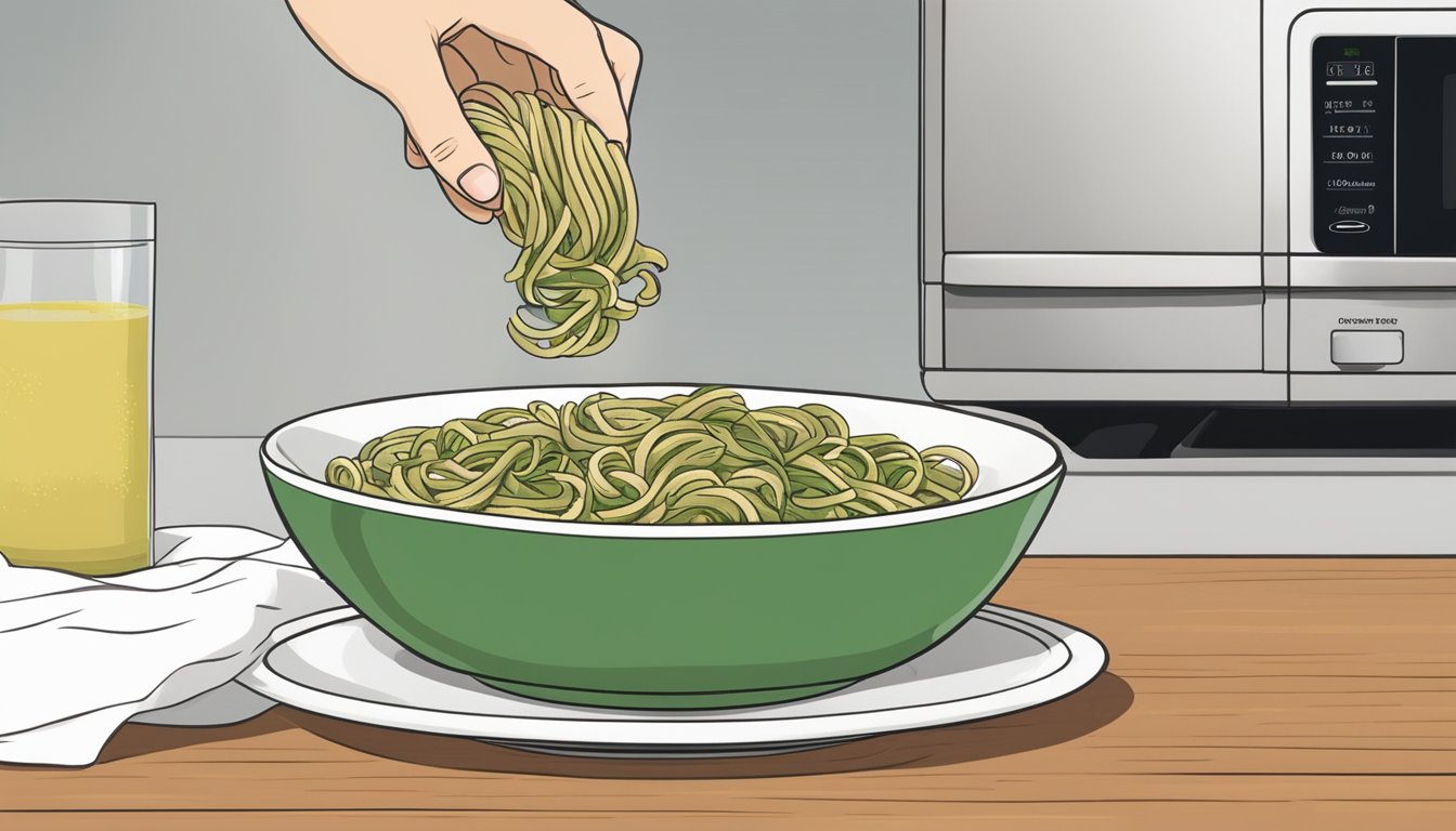 A bowl of pesto pasta sits on a microwave-safe plate next to a damp paper towel. The microwave door is open, and a person's hand is reaching to place the plate inside