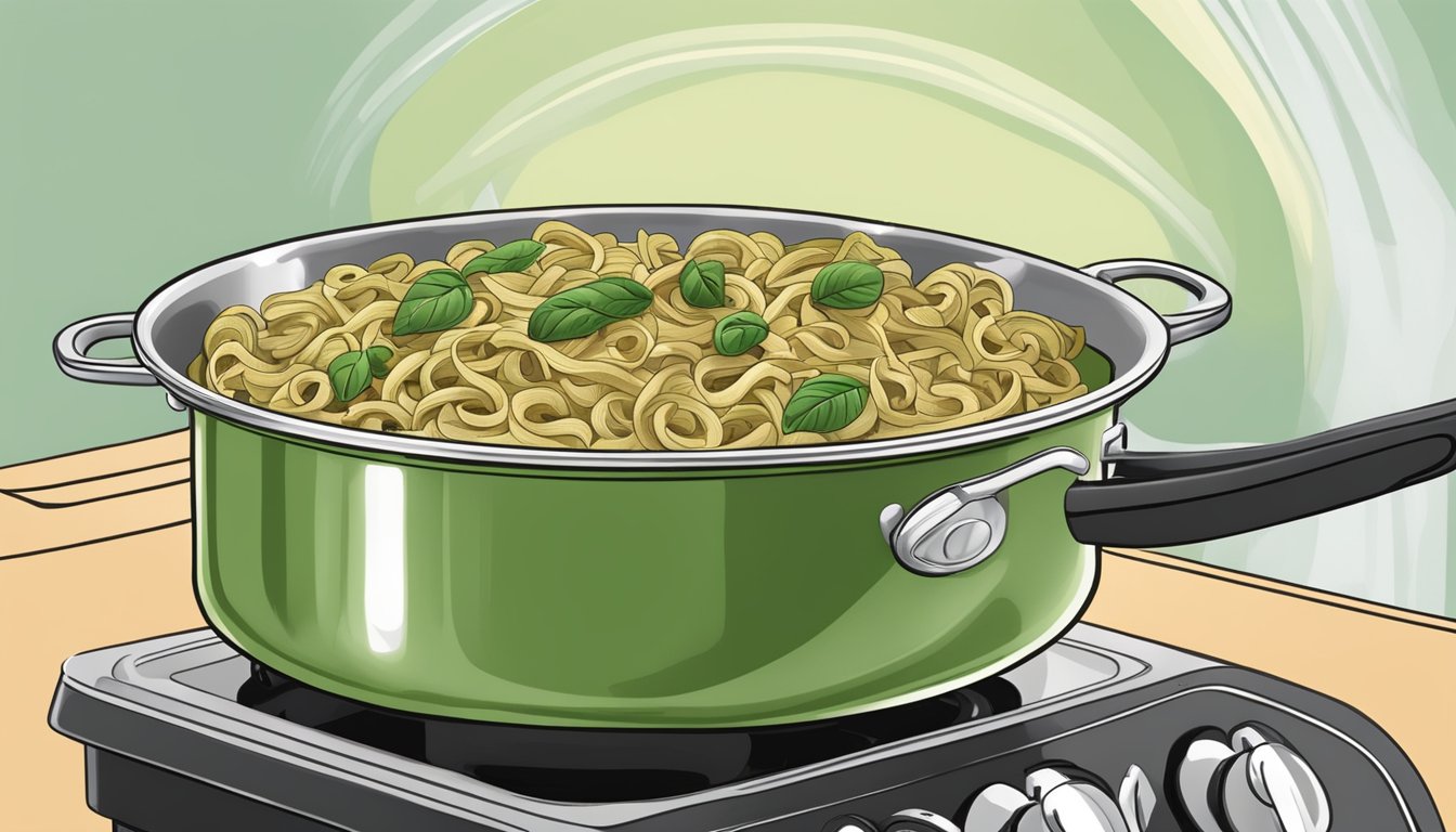 A pot of walnut pesto pasta simmers on a stovetop, steam rising as it heats