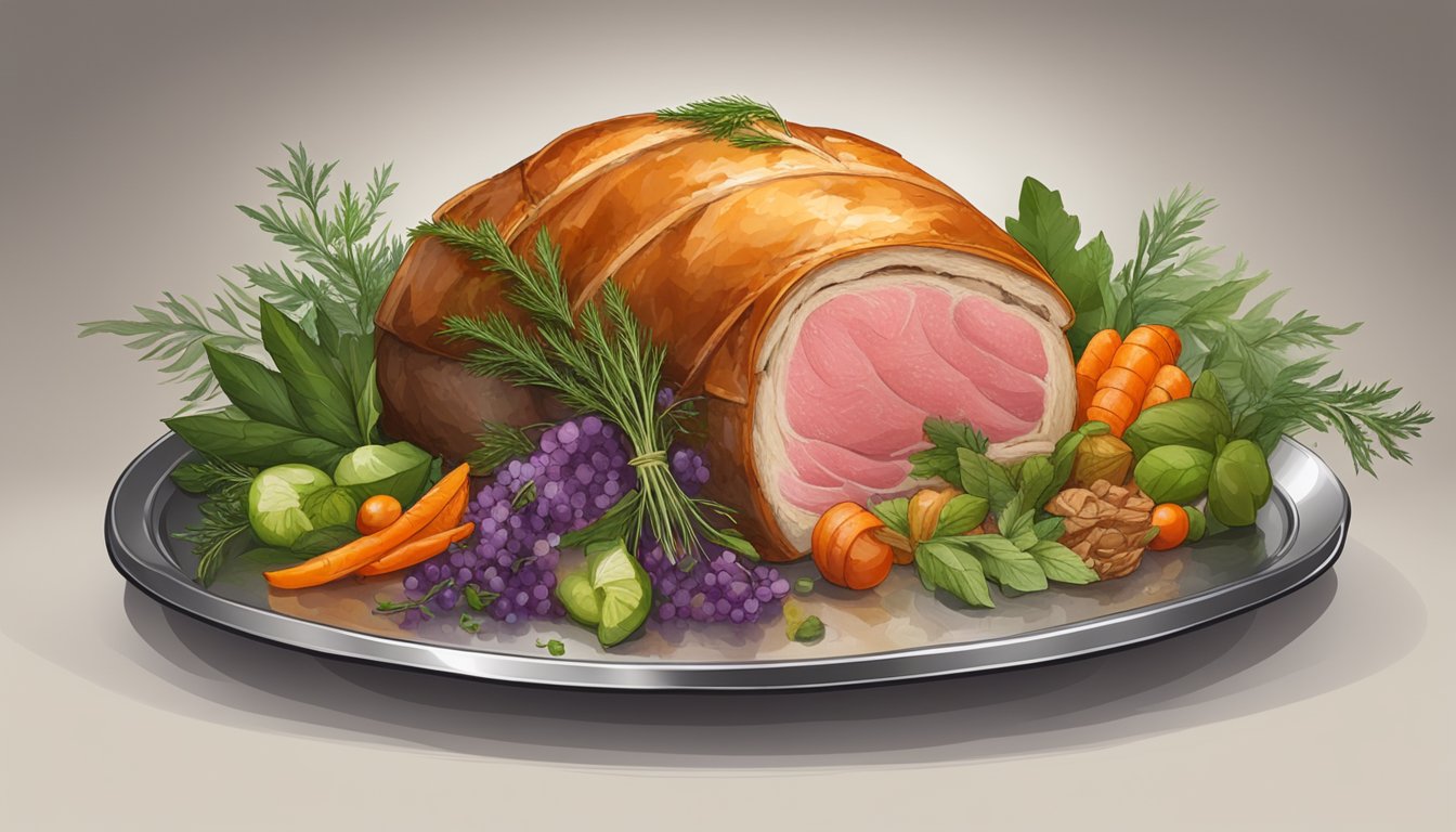 A steaming beef wellington sits on a silver platter surrounded by herbs and garnishes, with a warm oven in the background