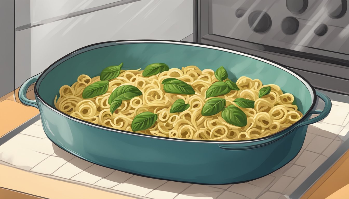 A baking dish of walnut pesto pasta sits inside a preheated oven, the warm air gently reheating the dish, with the aroma of the pesto filling the kitchen