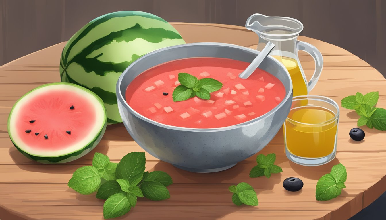 A clear glass bowl of watermelon gazpacho sits on a rustic wooden table, surrounded by fresh watermelon chunks, mint leaves, and a small pitcher of olive oil