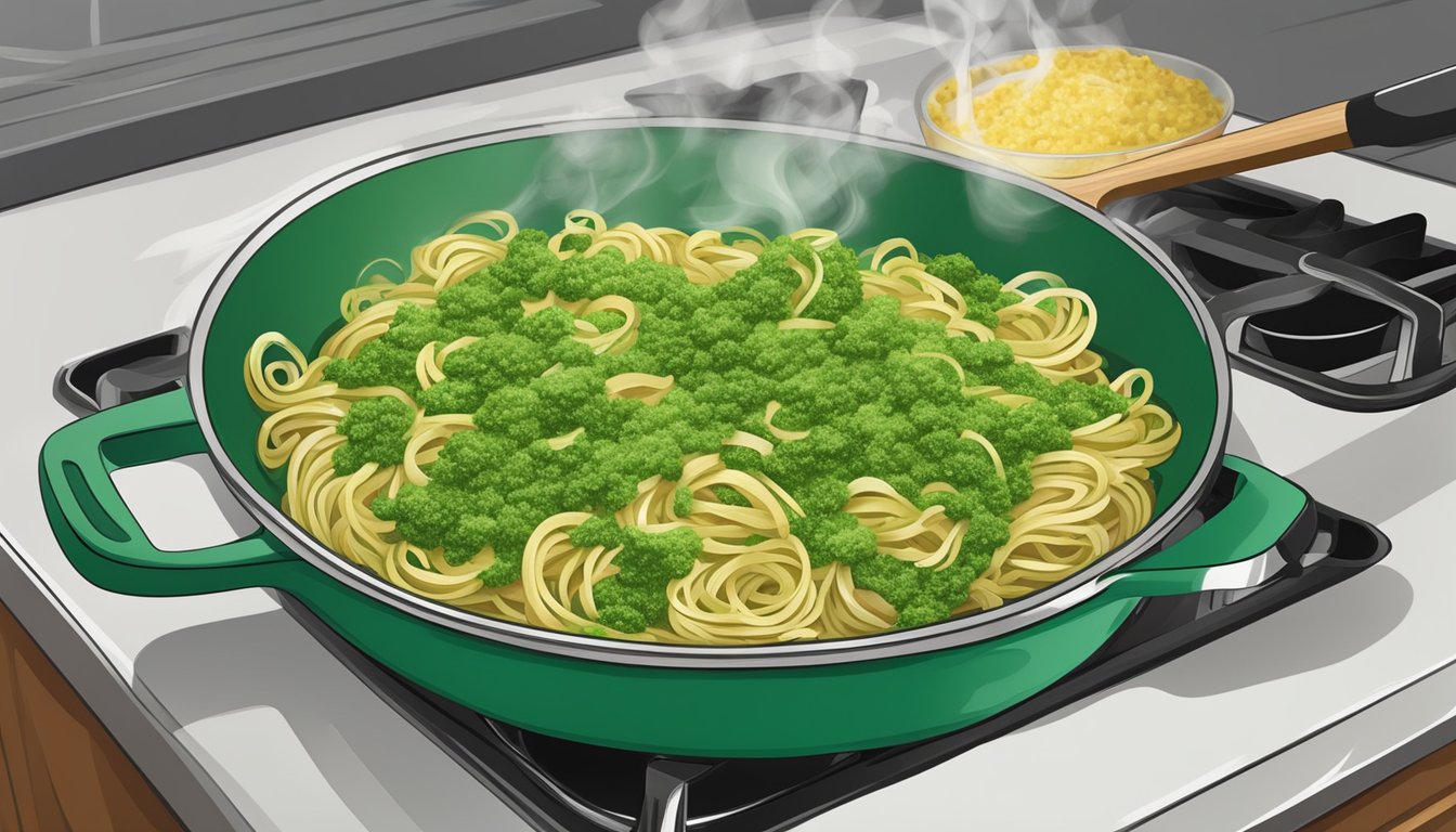 A steaming bowl of walnut pesto pasta being reheated in a skillet on a stovetop, with the vibrant green pesto glistening and the aroma filling the kitchen