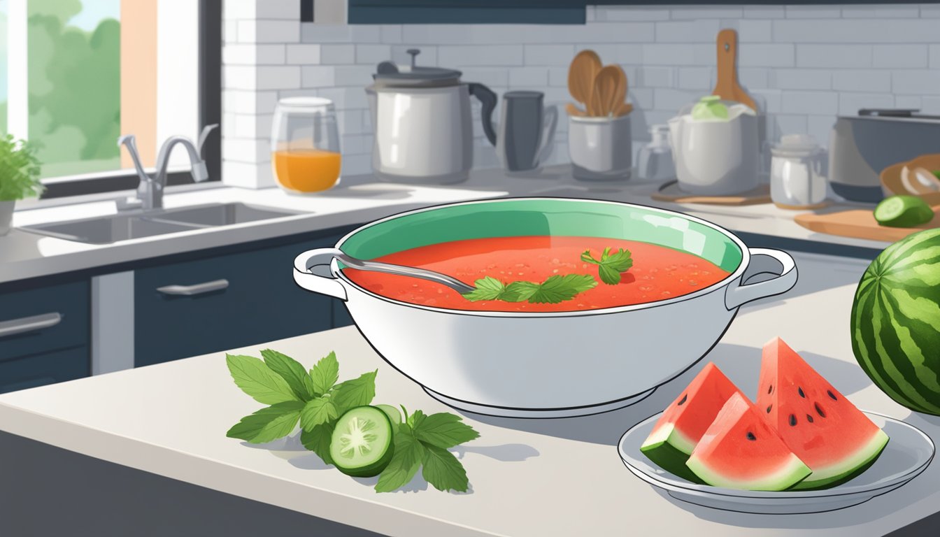 A chef pours chilled watermelon gazpacho from a glass pitcher into a bowl, ready to be reheated for serving. Tomatoes, cucumbers, and herbs are visible on the kitchen counter