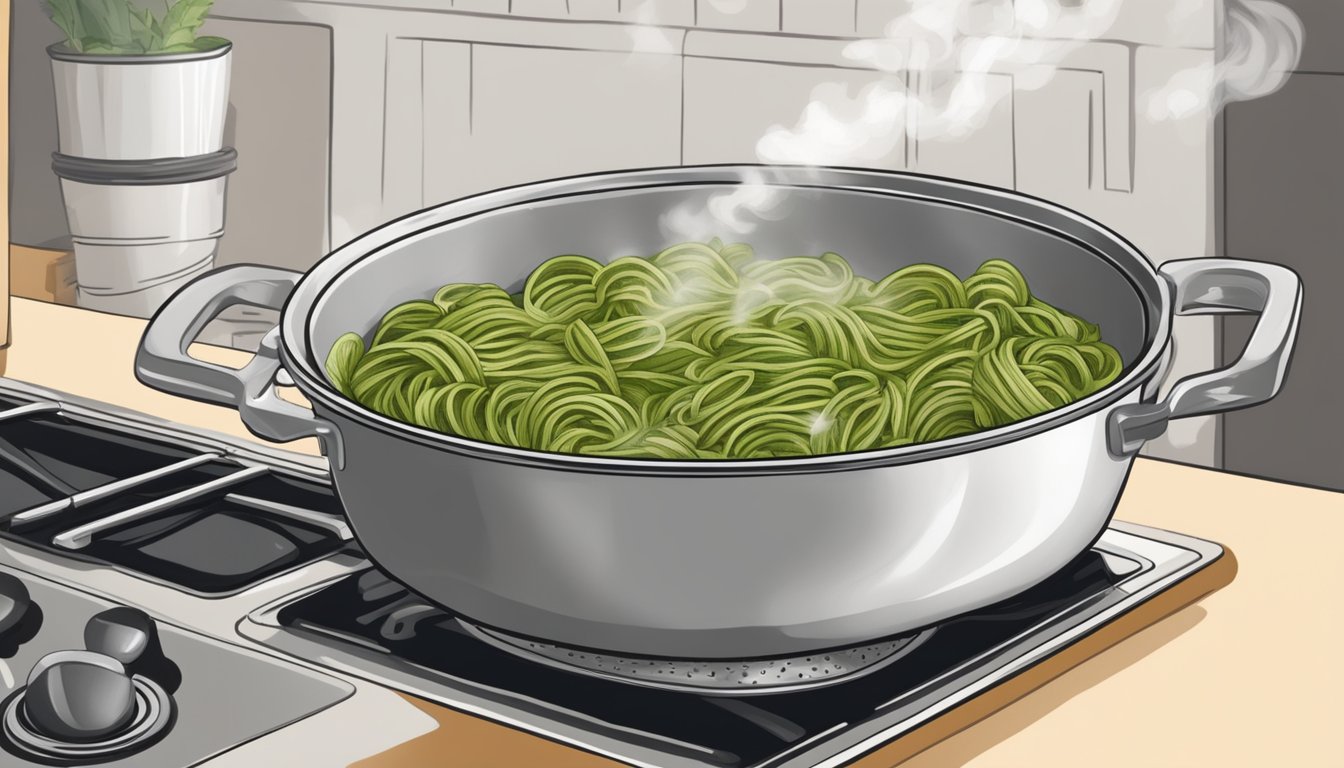 A steaming bowl of walnut pesto pasta being gently reheated on a stovetop