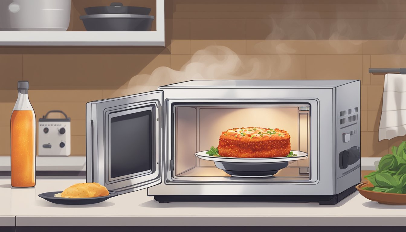 A microwave with a plate of Aldi's specially selected eggplant parmesan inside, steam rising as it heats up