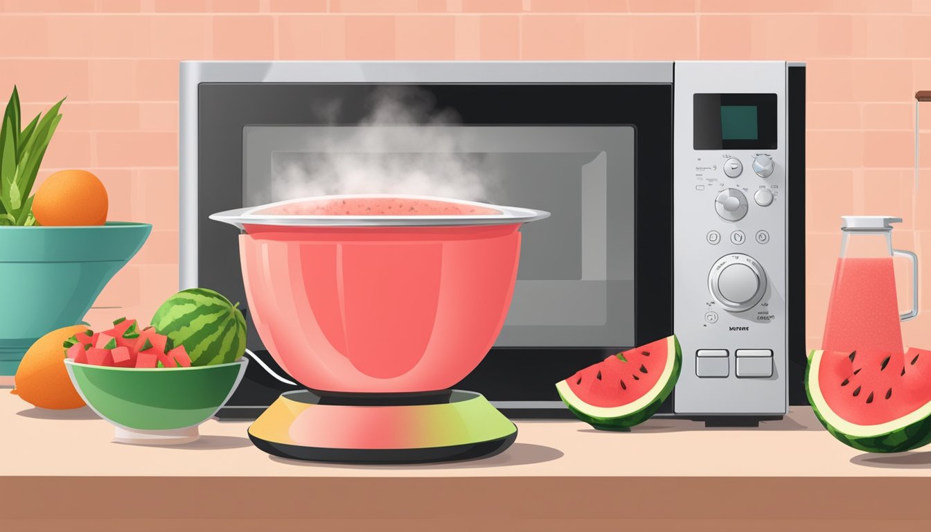 A microwave with a bowl of watermelon gazpacho inside, the timer set and steam rising from the bowl