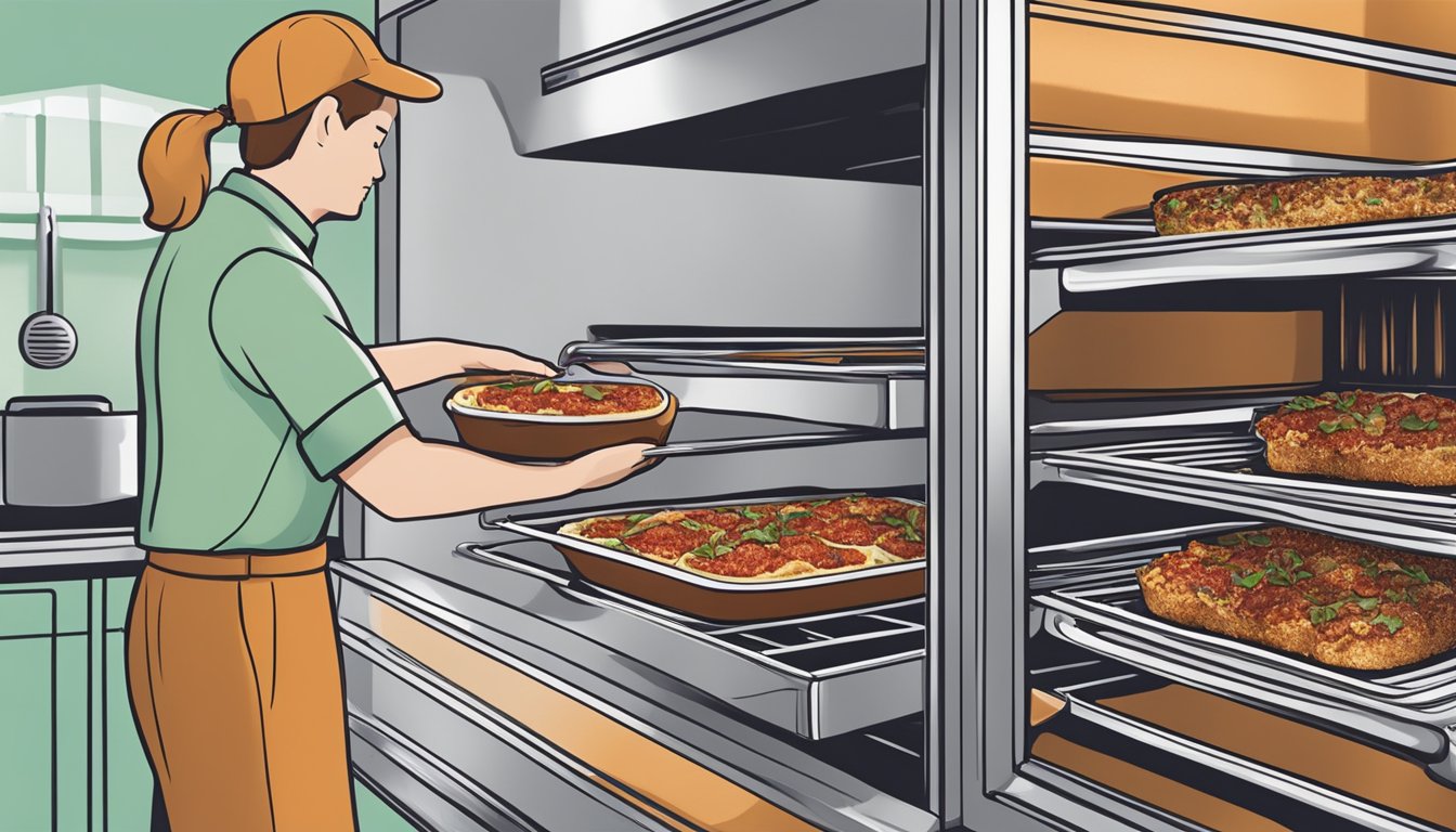 A person placing Aldi's specially selected eggplant parmesan in a preheated oven