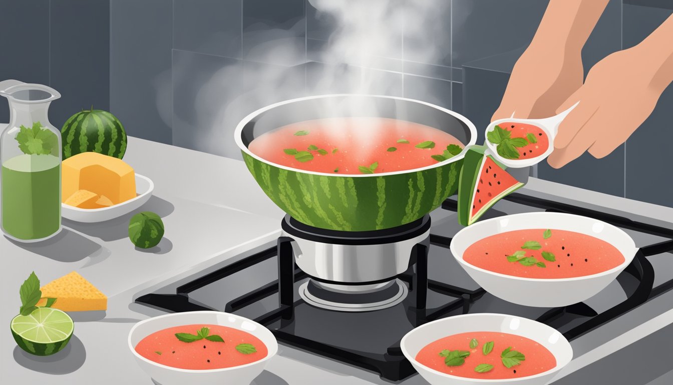 A pitcher of watermelon gazpacho being gently heated on a stovetop, with a chef adjusting the temperature and adding a sprinkle of seasoning