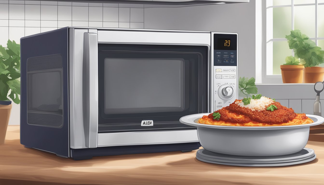 A microwave with a plate of Aldi's eggplant parmesan inside, with steam rising from the dish