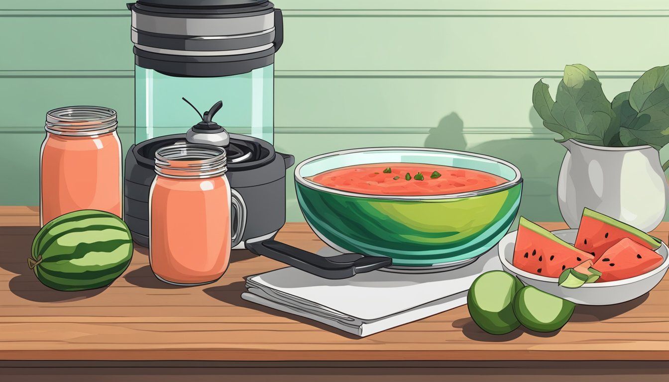 A glass bowl of watermelon gazpacho sits on a wooden shelf next to a stack of mason jars. A small pot of soup is being reheated on a stovetop