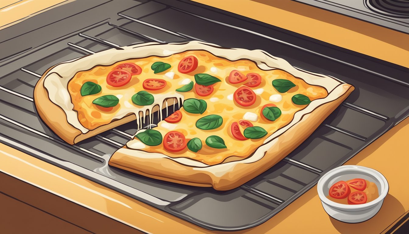 A slice of white pizza being heated in the oven on a baking sheet, with melted cheese and toppings bubbling and sizzling