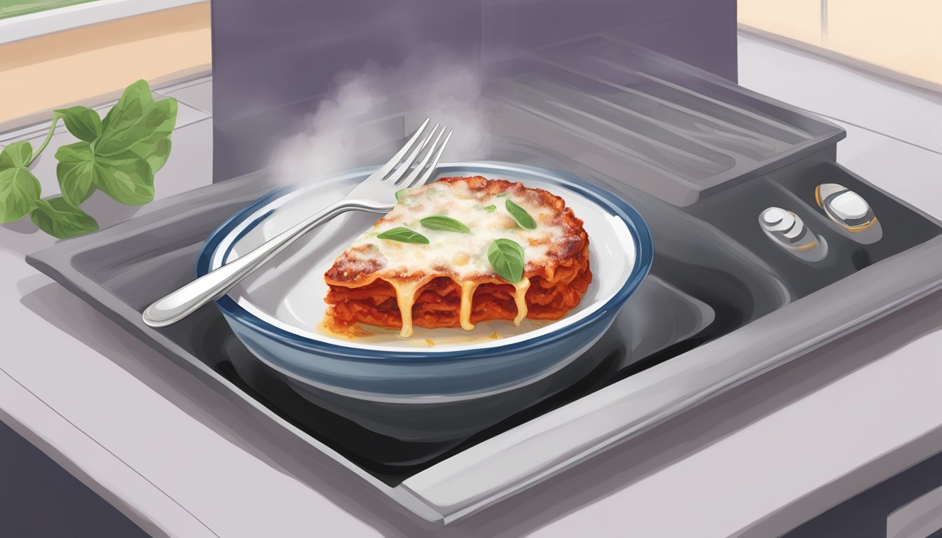 A steaming dish of Aldi's eggplant parmesan being reheated in the microwave, with a fork resting on the side