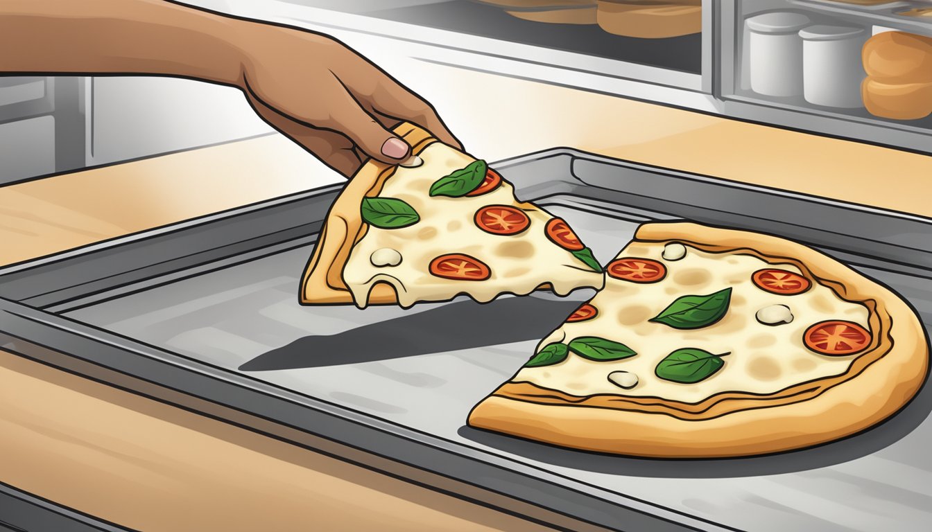 A slice of white pizza being placed on a baking sheet inside a preheated oven