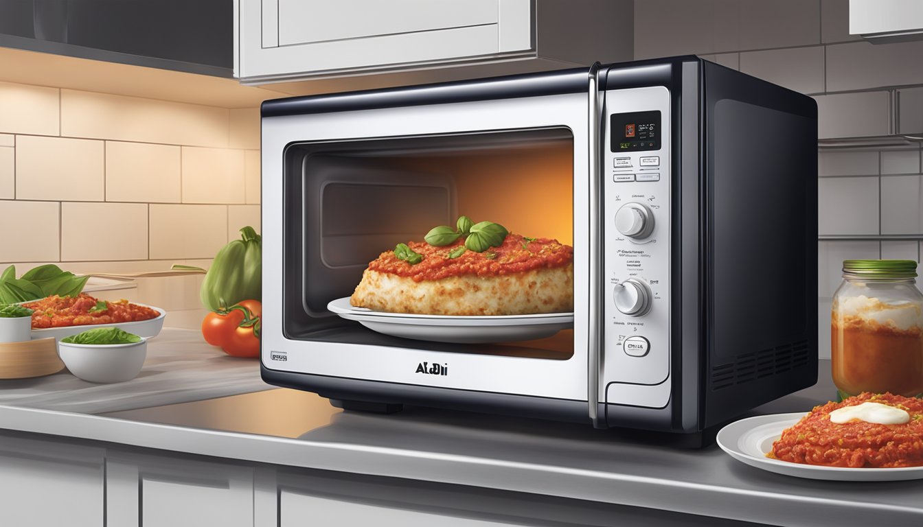 A microwave with a plate of Aldi's specially selected eggplant parmesan inside, steam rising as it heats up