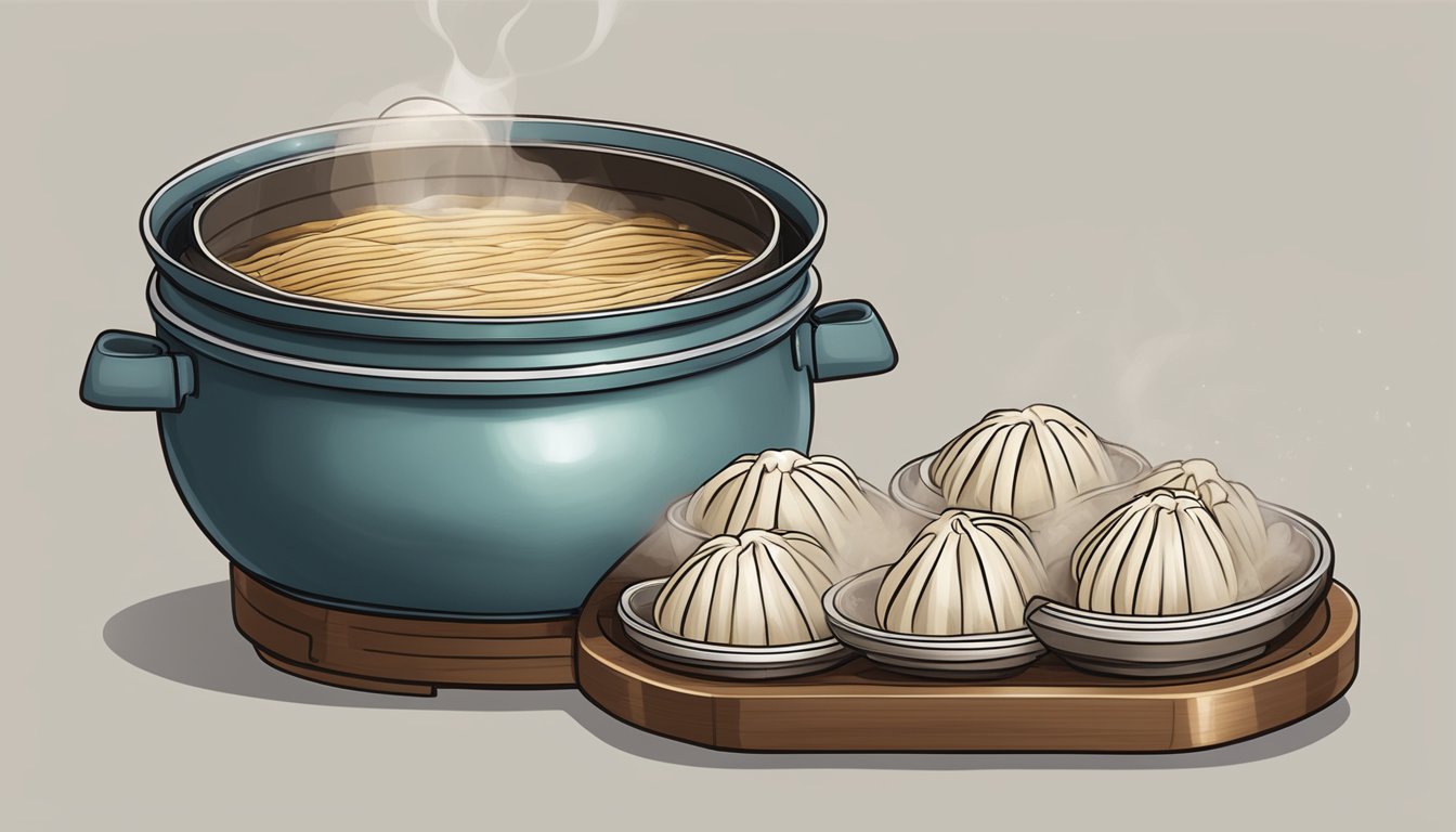 A steamer basket filled with xiao long bao placed over a pot of boiling water