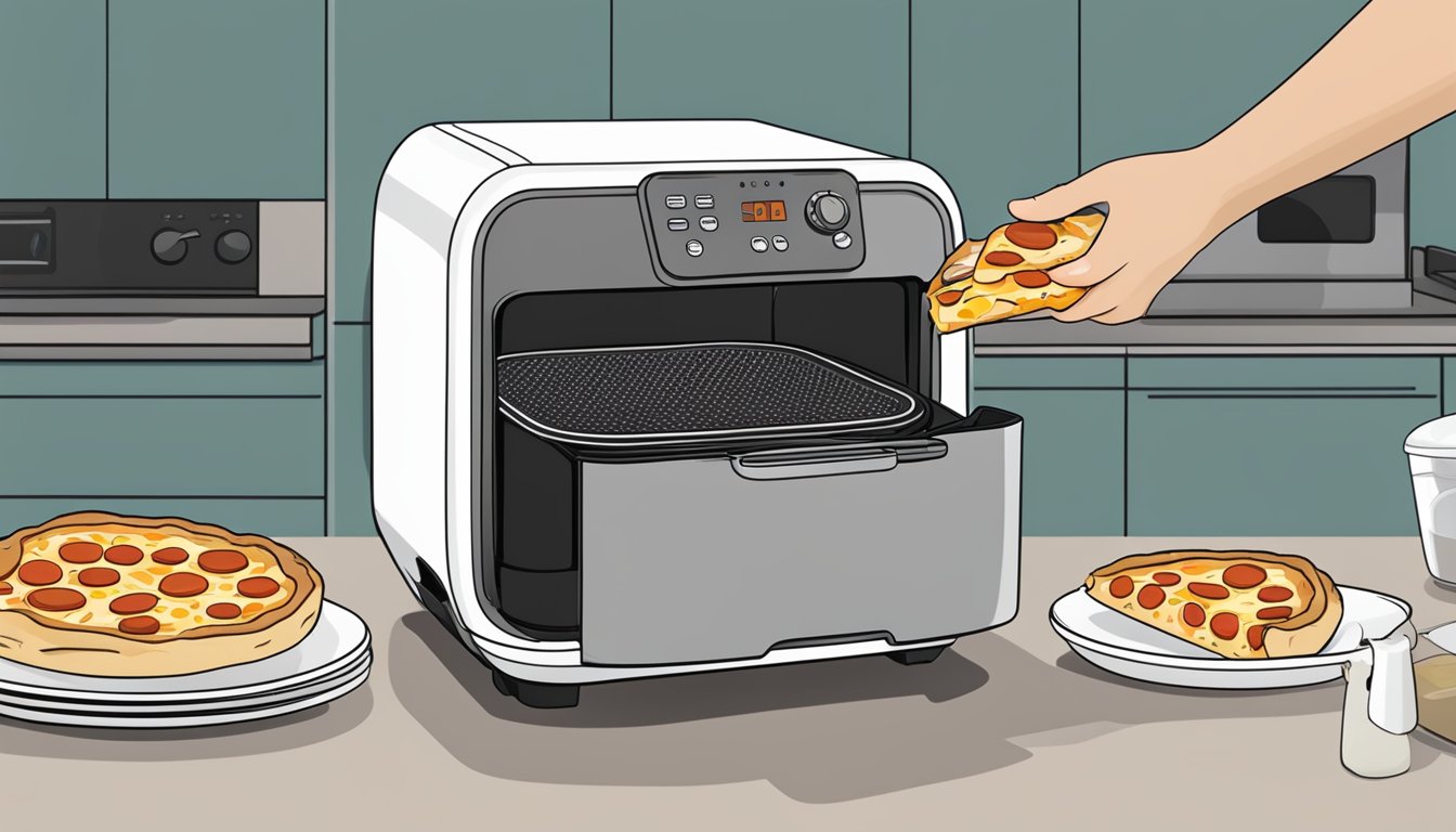 A slice of white pizza being placed into an air fryer, with the appliance set to the recommended temperature and time for reheating