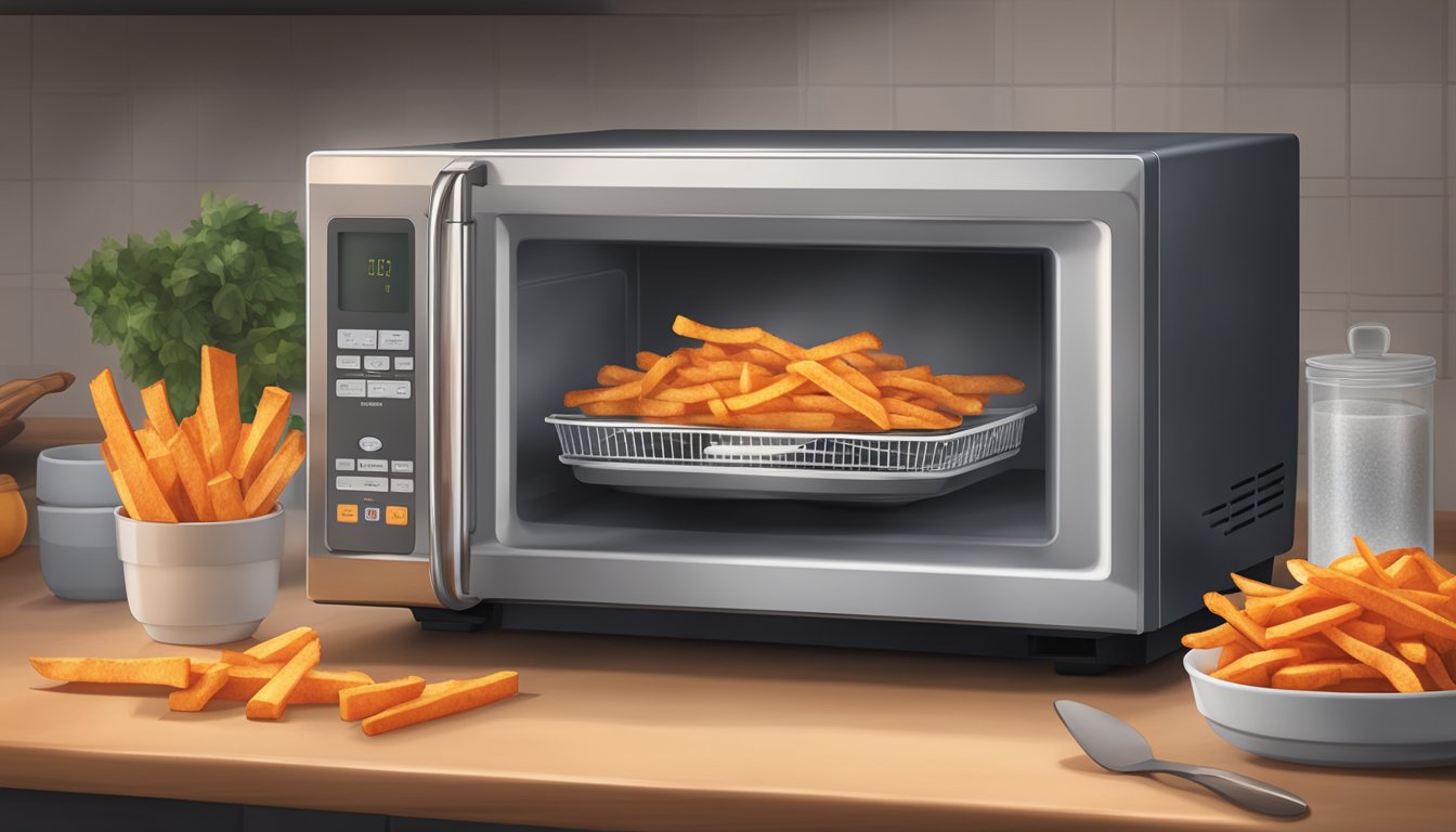 A microwave with a plate of Alexia crinkle cut sweet potato fries inside, the timer set and the light glowing as the fries heat up