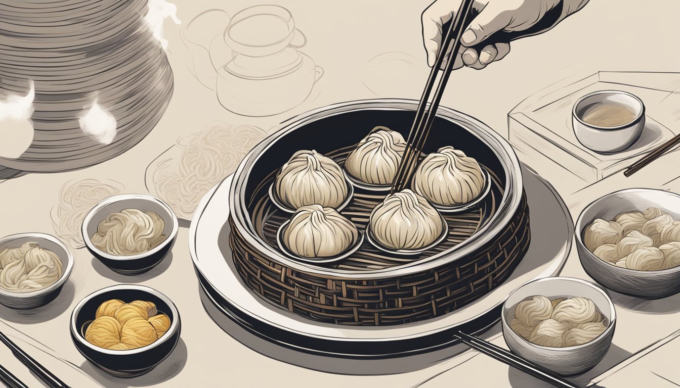 A steaming basket of xiao long bao being reheated over a pot of boiling water. A pair of chopsticks lifting a dumpling out of the basket