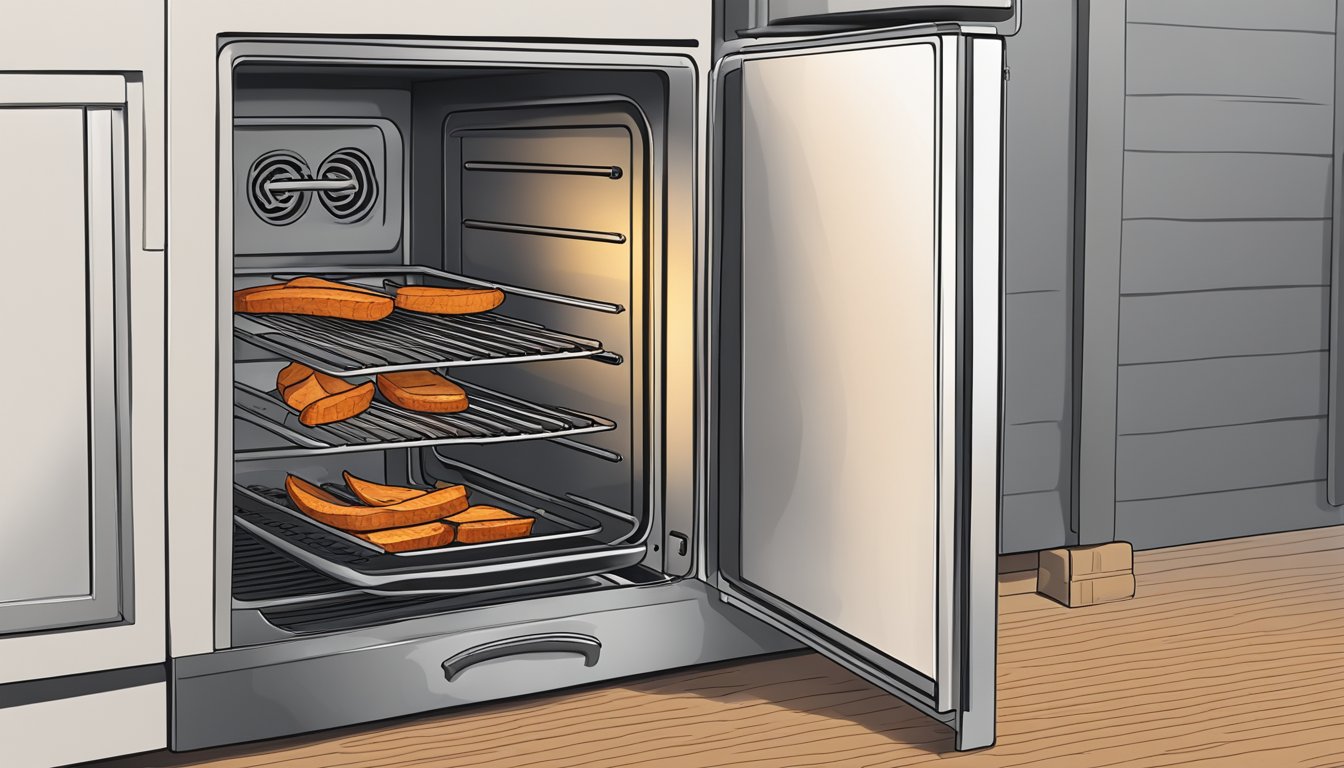 A plate of sweet potato fries next to an oven with the door open, showing the process of reheating them according to the best practices for storage