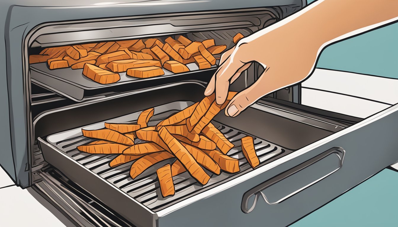 A hand reaching into an oven to pull out a tray of golden-brown Alexia crinkle cut sweet potato fries