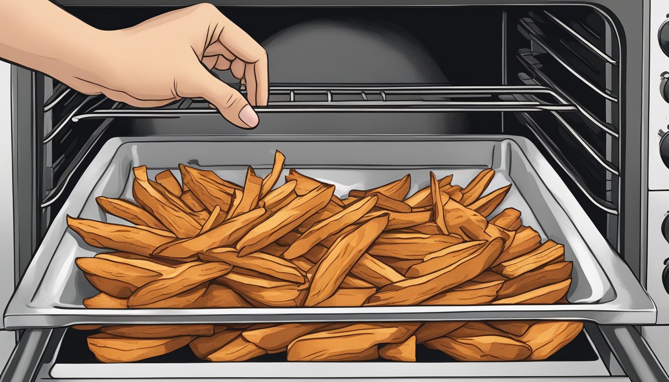 A hand reaching into an oven to pull out a tray of golden-brown crinkle cut sweet potato fries