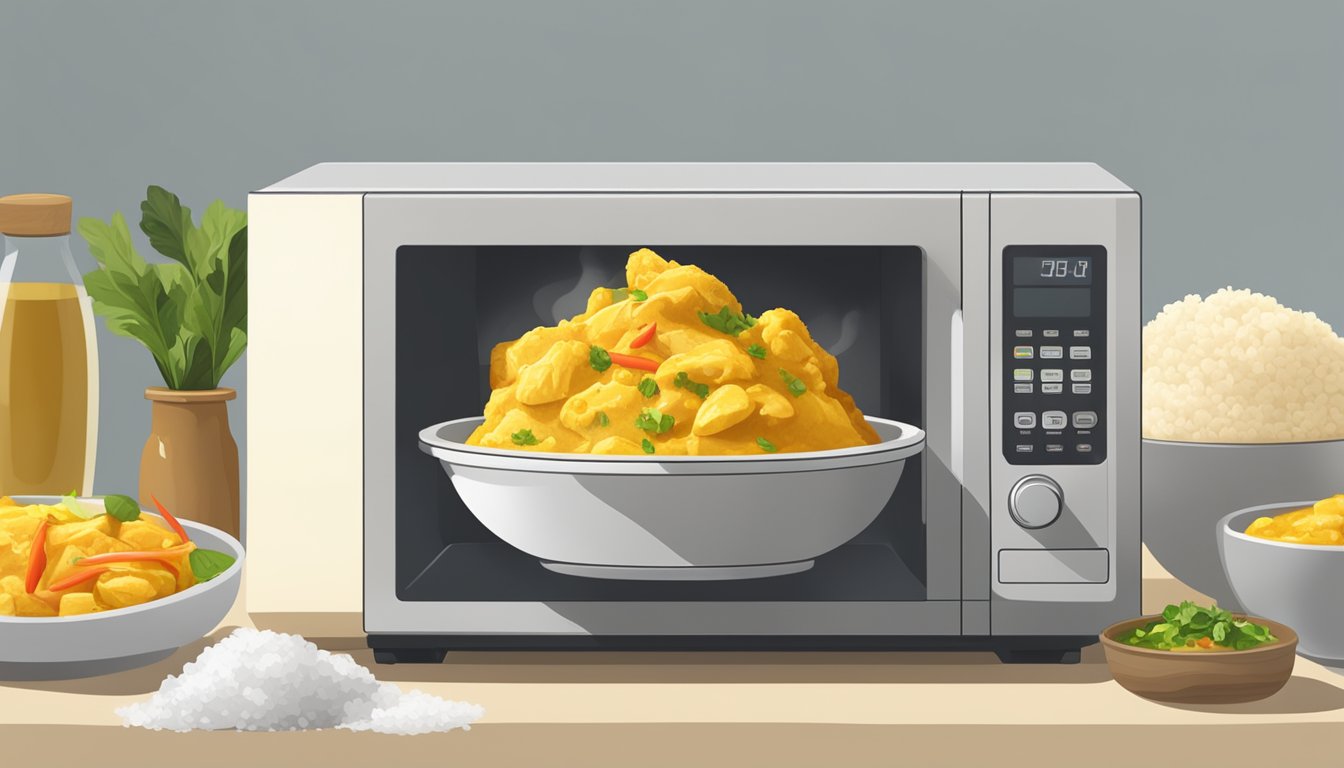 A microwave with a bowl of yellow curry and chicken inside, with steam rising from the dish