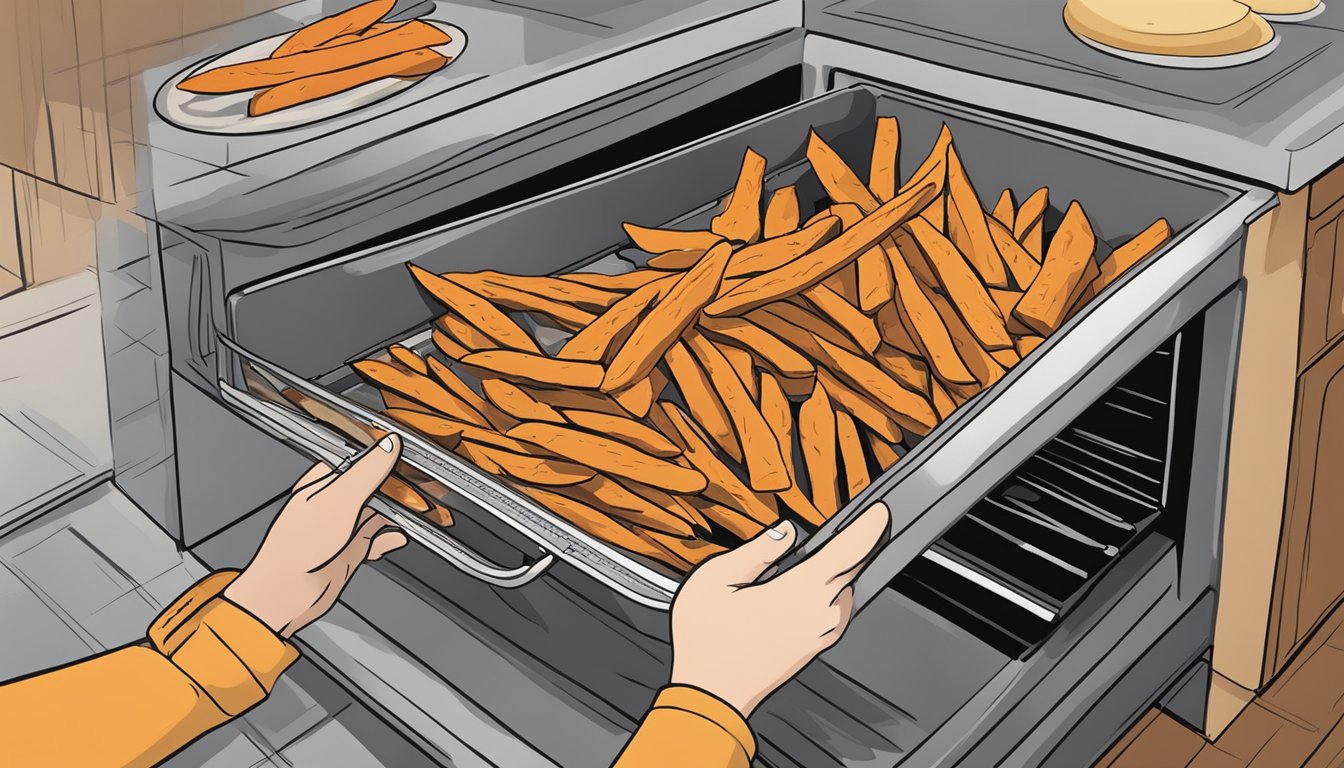 A hand reaching into an oven to pull out a tray of golden-brown sweet potato fries. A digital thermometer sits nearby for accuracy