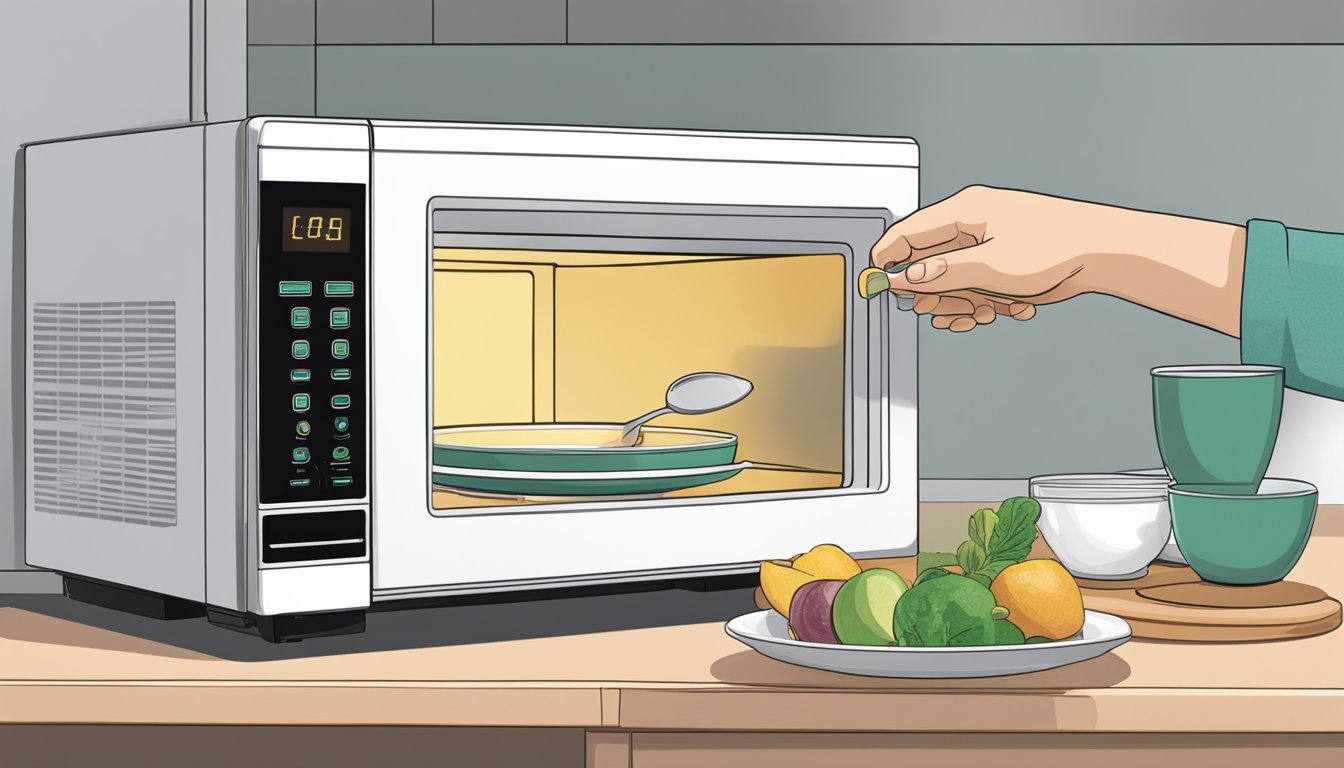 A small bowl of zhug sits next to a microwave, with a spoon and a lid nearby. The microwave door is open, and a person's hand is reaching in to place the bowl inside