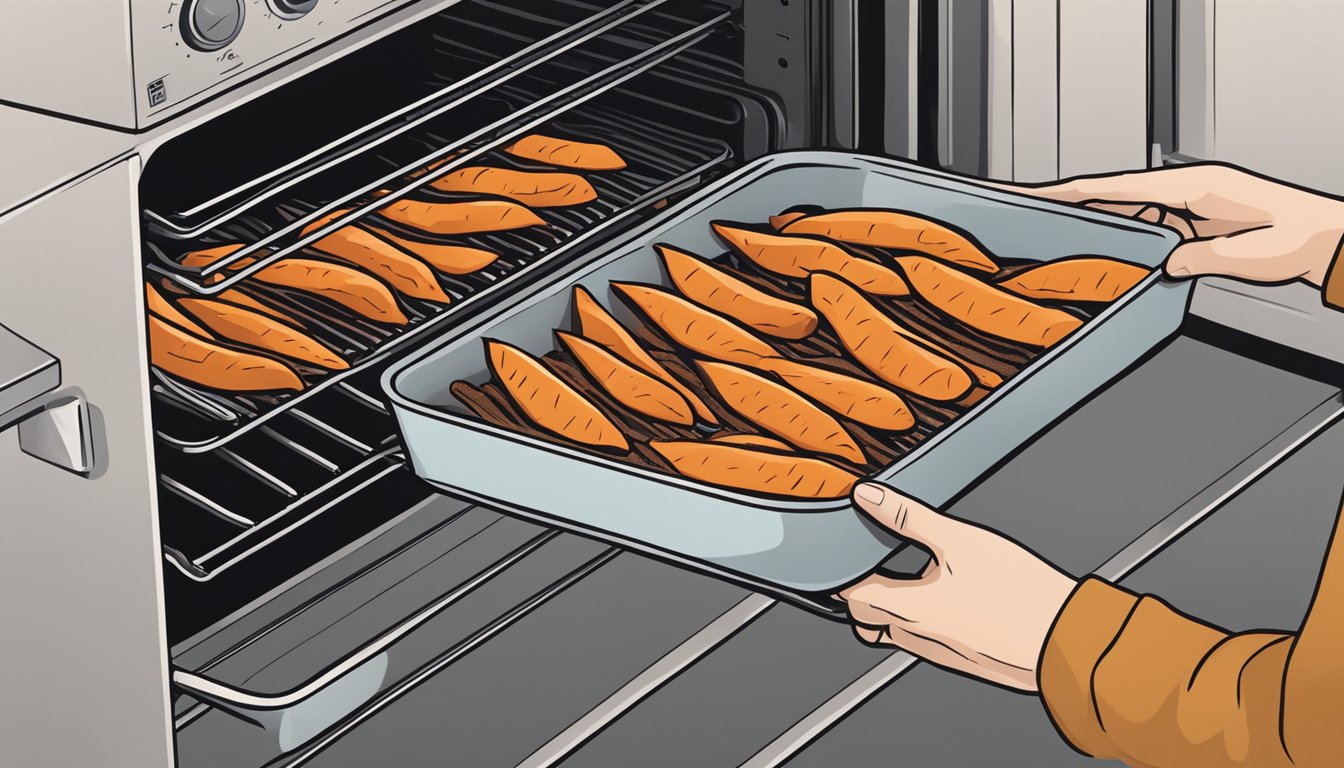 A person placing a tray of sweet potato fries in the oven