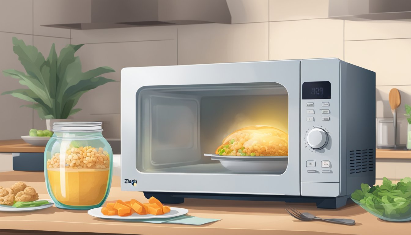 A microwave with a bowl of leftover food inside, steam rising, and a jar of zhug next to it