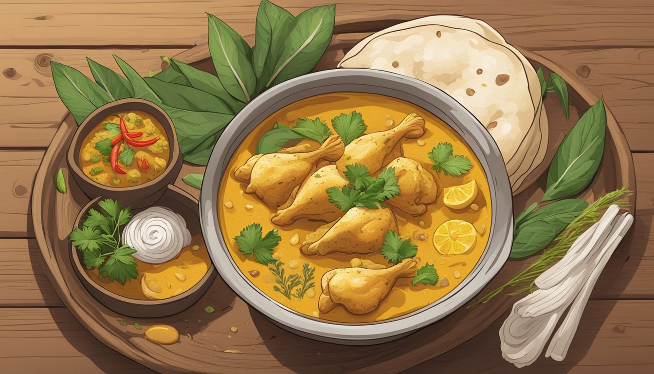 A steaming bowl of yellow curry with chicken sits on a wooden table, surrounded by vibrant, aromatic herbs and spices. A small pot of rice and a plate of naan bread are placed nearby, ready to be served