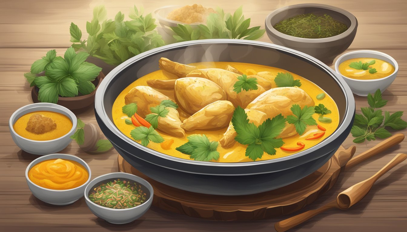 A steaming bowl of yellow curry with chicken, surrounded by aromatic herbs and spices, sits atop a rustic wooden table