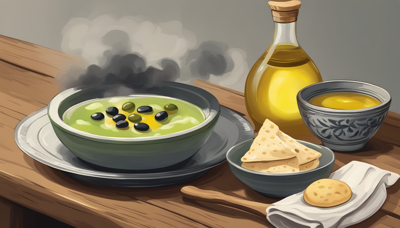 A steaming bowl of zhug sits on a rustic wooden table, accompanied by a plate of warm pita bread and a small dish of olive oil