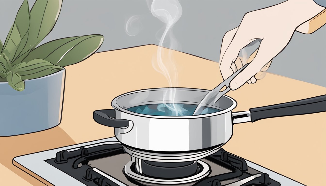 A small pot of zhug is being gently heated on a stovetop, releasing aromatic steam into the air. A spoon rests nearby for stirring