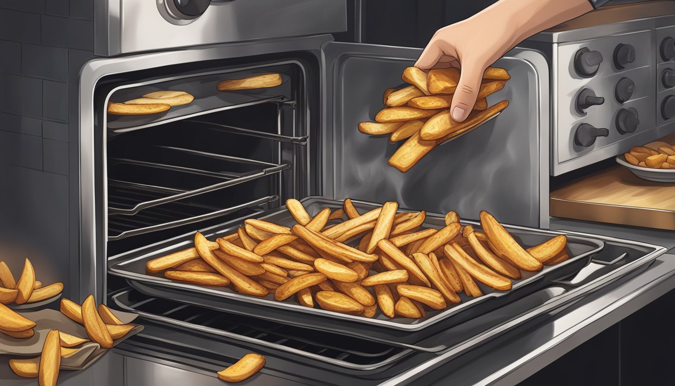 A hand reaches into an oven and pulls out a tray of golden-brown Alexia rosemary fries, steam rising from the hot, crispy potatoes