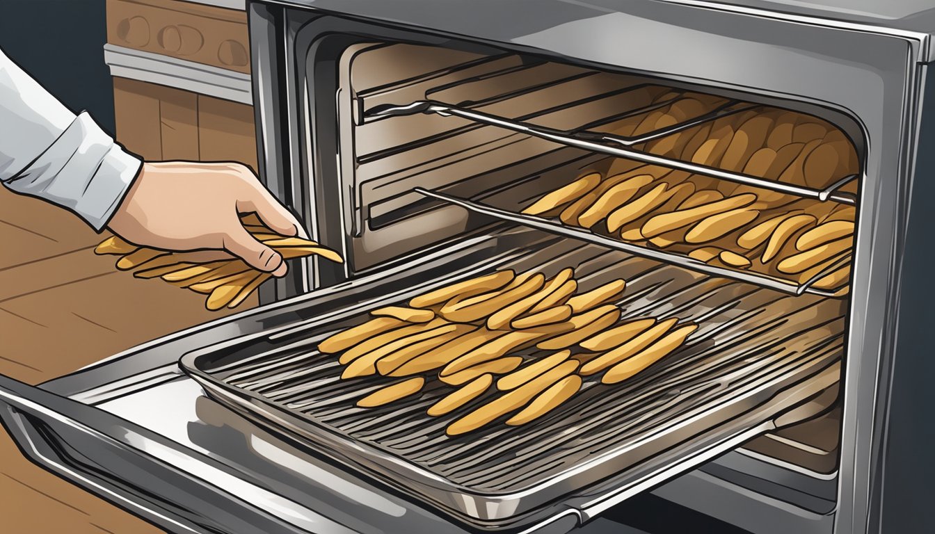 A hand reaching into an oven to pull out a tray of golden-brown Alexia rosemary fries