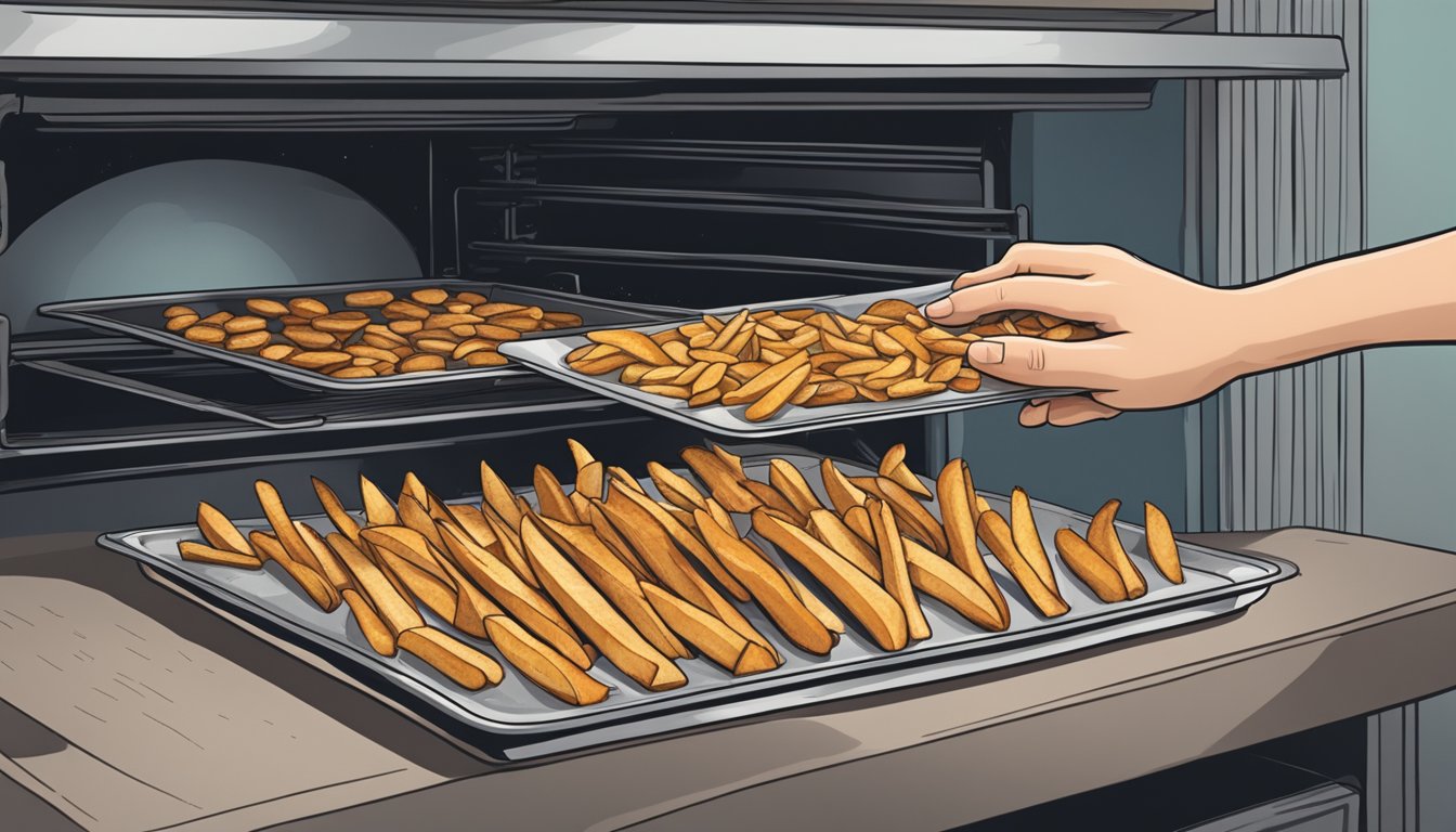 A hand reaching into a hot oven, placing a tray of Alexia rosemary fries on a baking sheet