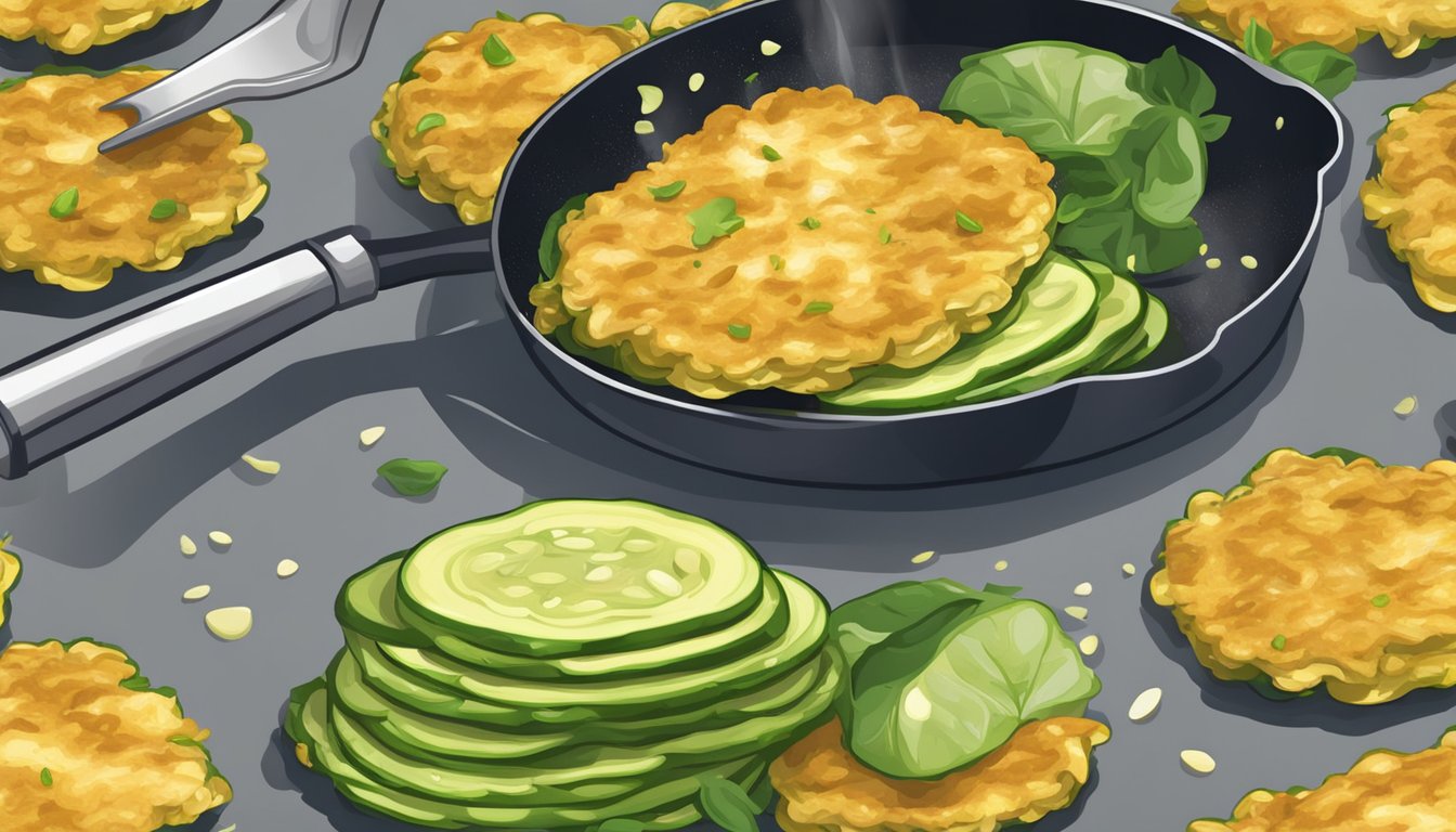 Zucchini fritters sizzling in a hot skillet, steam rising as they are carefully flipped with a spatula. A golden crust forms as they heat up, releasing a savory aroma