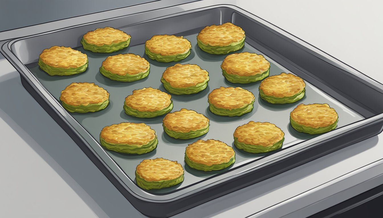 A plate of zucchini fritters placed on a baking sheet next to a preheated oven