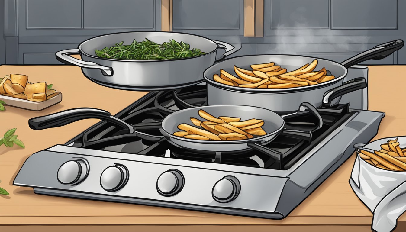 A stovetop with a pan heating up Alexia rosemary fries