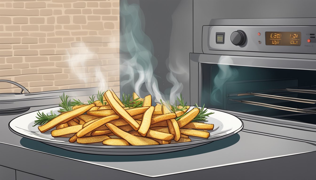 A plate of Alexia rosemary fries being reheated in the oven, with steam rising and the aroma of herbs filling the air