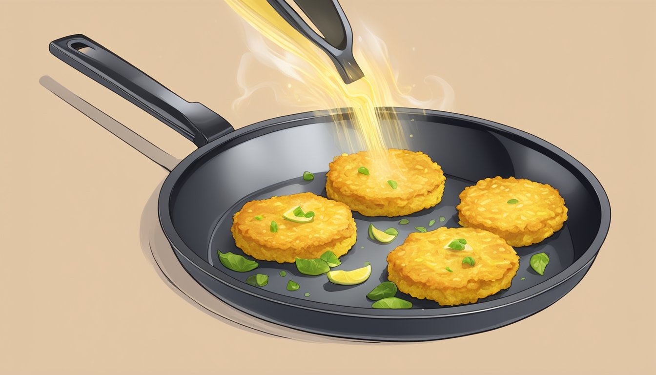 A plate of golden zucchini fritters being reheated in a skillet, with steam rising and a spatula flipping them over